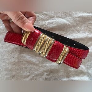 Vintage red snake skin belt with gold detail The leather shop 37 inch’s